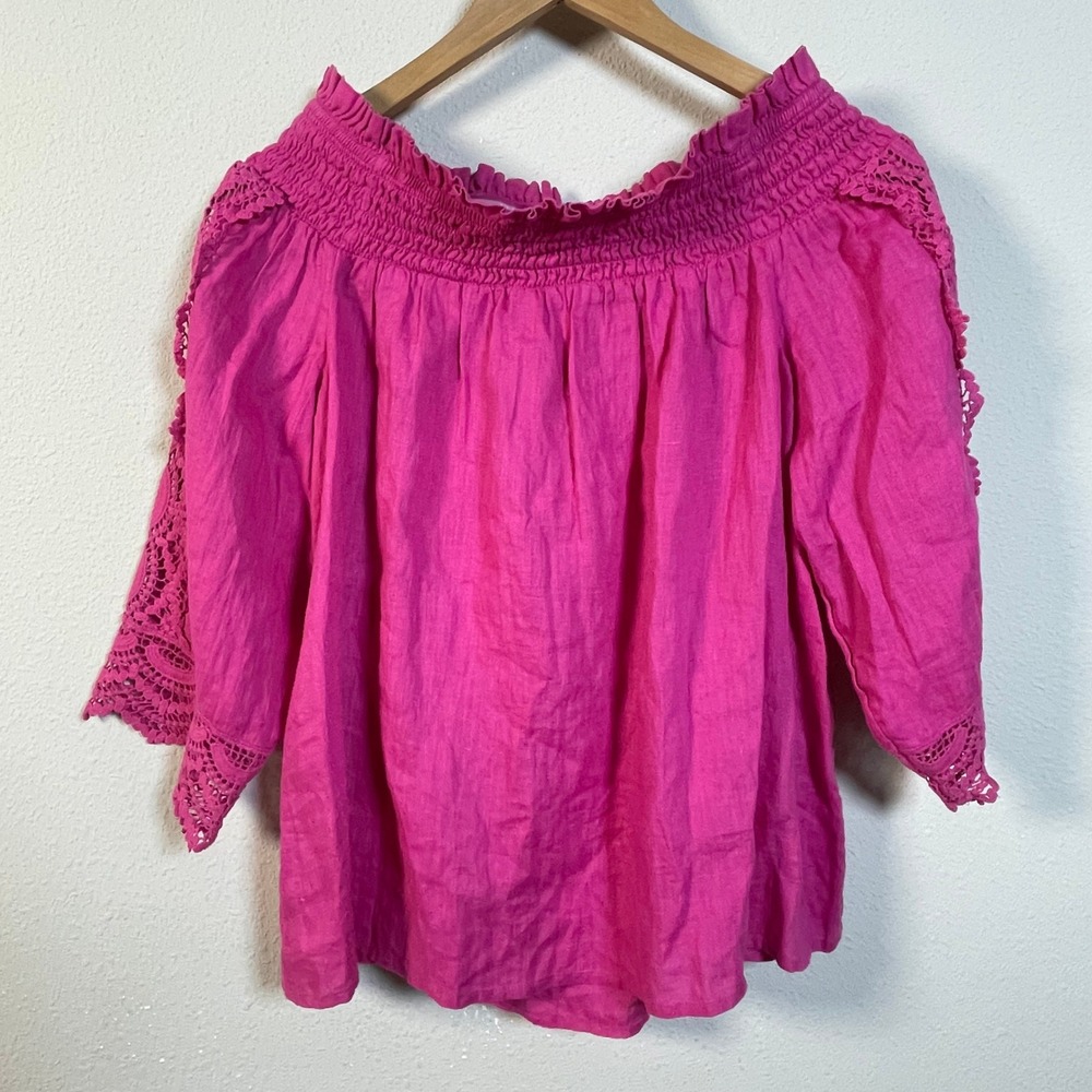 Chico's Off The Shoulder Blouse Womens 0.5 S Pink Crochet Lace Linen Boho Top